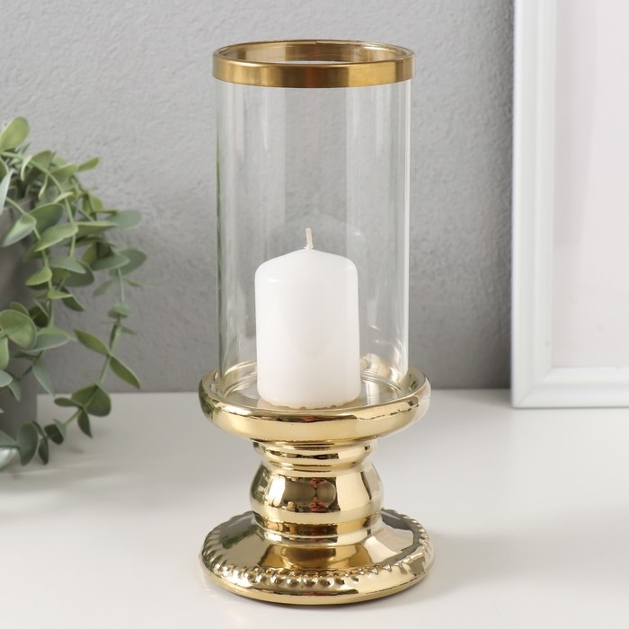 Подсвечник керамика, стекло на 1 свечу "Веллис" d=8 см золото 10х10х21,5 см