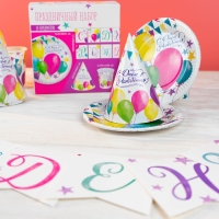 Набор бумажной посуды одноразовый С днём рождения. Шары», 6 тарелок, 6 стаканов, 6 колпаков, 1 гирлянда Набор бумажной посуды одноразовый С днём рождения. Шары», 6 тарелок, 6 стаканов, 6 колпаков, 1 гирлянда