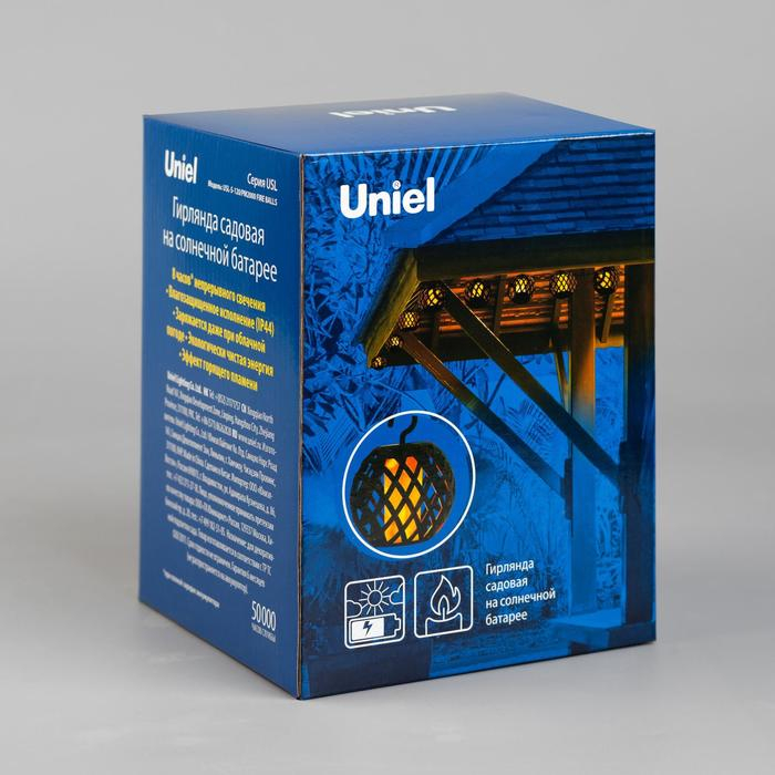 Гирлянда Uniel «Нить» 2.1 м с насадками «Огненные шары», IP44, тёмная нить, 80 LED, эффект пламени, 1 режим, солнечная батарея Гирлянда Uniel «Нить» 2.1 м с насадками «Огненные шары», IP44, тёмная нить, 80 LED, эффект пламени, 1 режим, солнечная батарея