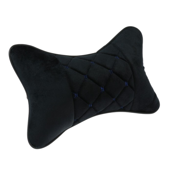 Подушка автомобильная косточка, на подголовник, 27&times;17 см, велюр, чёрный с синей строчкой