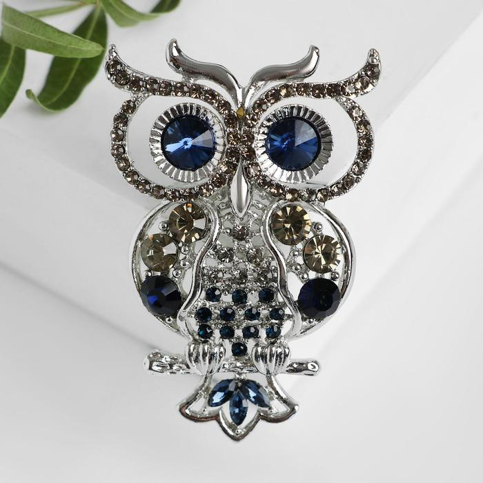 Брошь &laquo;Филин&raquo;, цвет сине-золотой в серебре