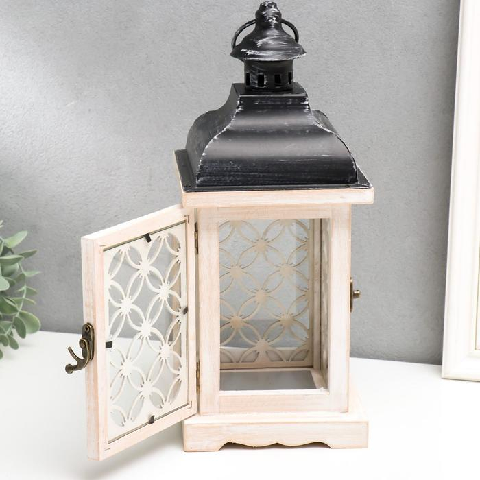 Подсвечник дерево на 1 свечу "Фонарь - витраж с узорами" беж 33х13,4х13,4 см