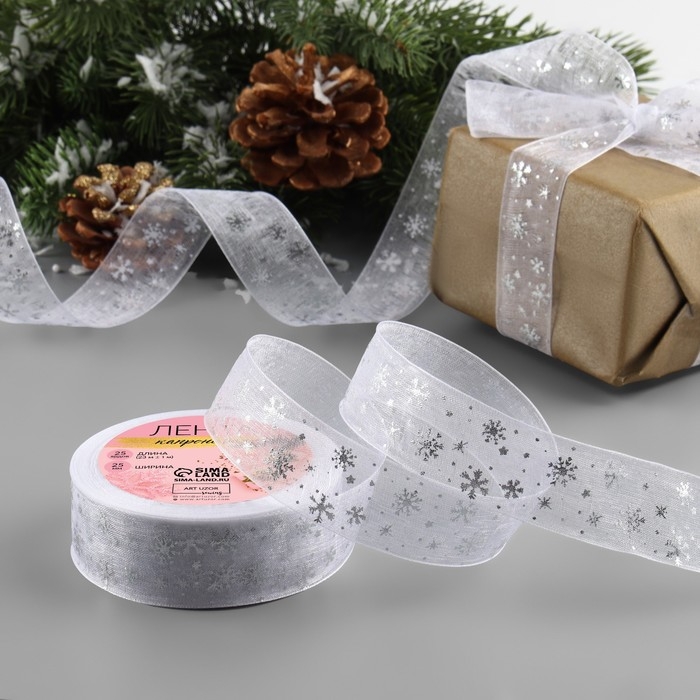 Новый год! Лента капроновая с тиснением &laquo;Снежинки&raquo;, 25 мм &times; 23 &plusmn; 1 м, цвет белый/серебряный №001