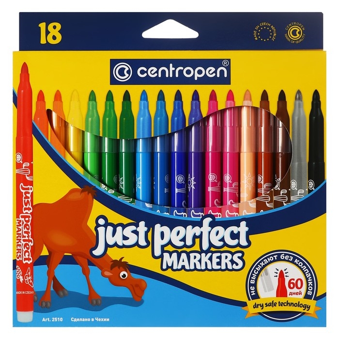 Фломастеры 18 цветов 3.9 мм Centropen 2510 Perfect, невысыхаемые, картонная упаковка, европодвес