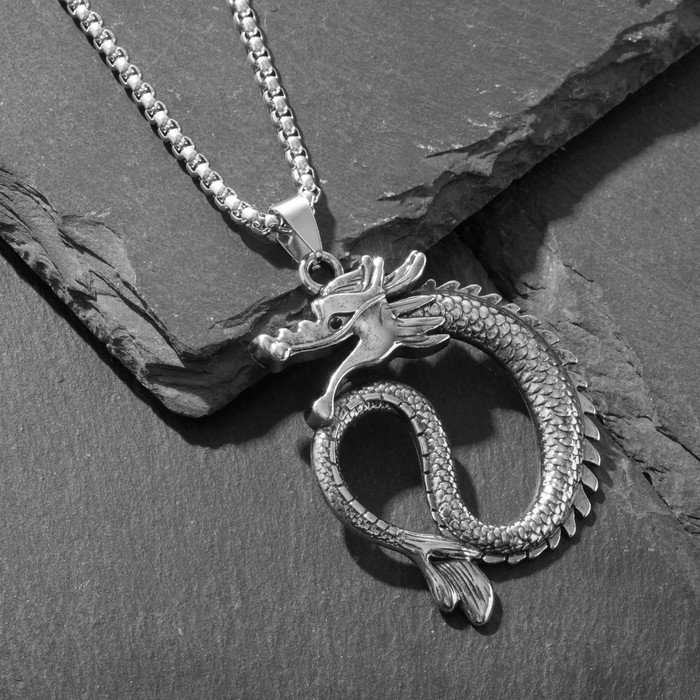 Кулон &laquo;Дракон&raquo; хищник, цвет чернёное серебро, 70 см