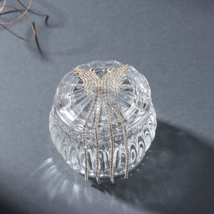 Шкатулка стекло "Бабочка со шлейфом" серебро 7,5х7,5х7 см