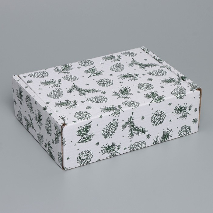 Коробка новогодняя складная &laquo;Шишки&raquo;, белый, 27 х 21 х 9 см, Новый год