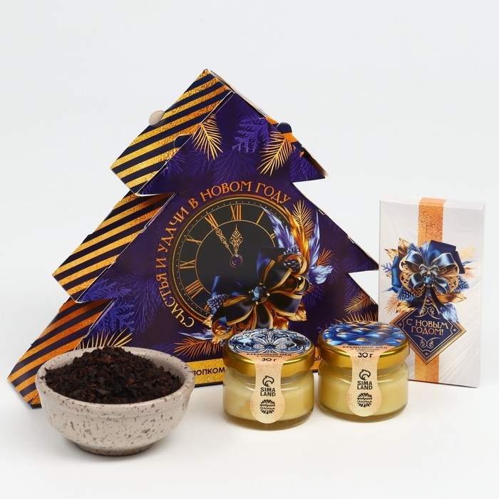 Новый год! Набор &laquo;Счастья и удачи в Новом году&raquo;: чай с лимоном 20 г, крем мёд с кедровым орехом 30 г, хлопковый крем мёд 30 г, шоколад молочный 27 г