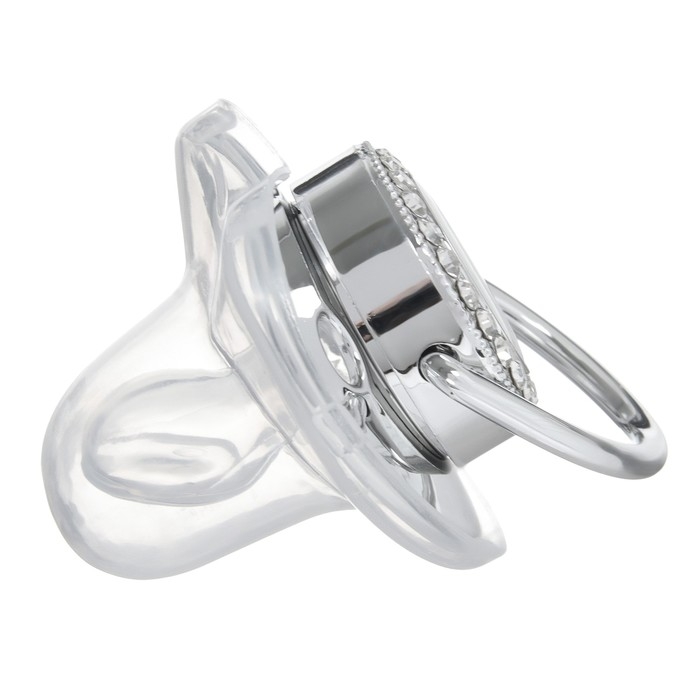 Соска - пустышка силиконовая ортодонтическая &laquo;LITTLE ANGEL&raquo;, от 6 мес., с колпачком + держатель - цепочка, цвет серебренный, стразы