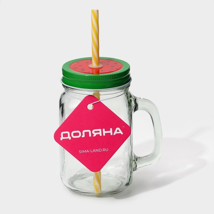 Кружка стеклянная с крышкой и трубочкой Доляна &laquo;Гладь&raquo;, 450 мл, 10&times;7,5&times;13 см, цвет МИКС