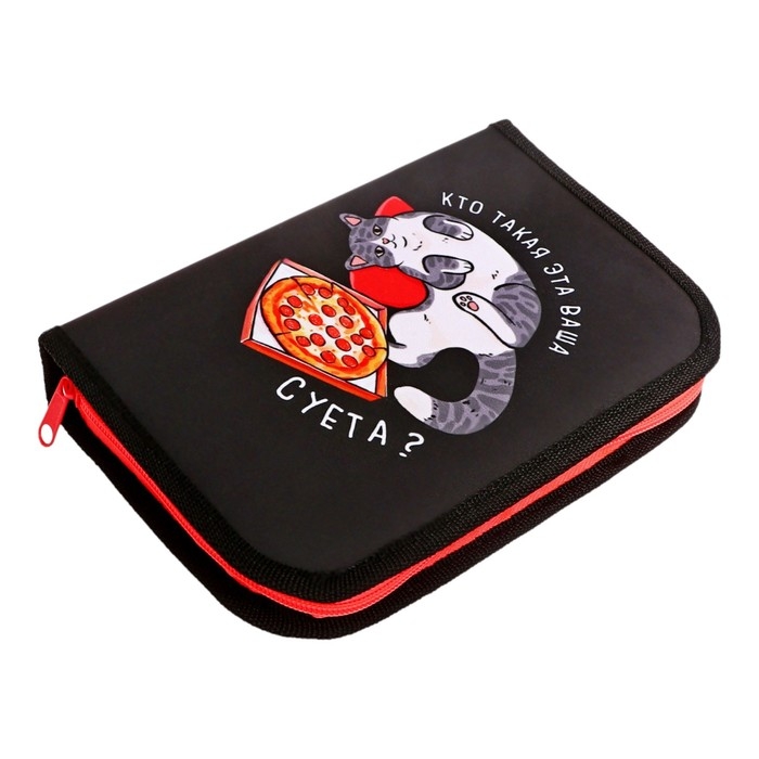 Пенал 1 секция 140 х 210 х 40 мм, откидной карман и косметичка, тканевый, Calligrata TOP Content "Кот суета"