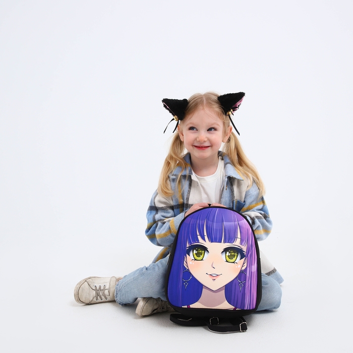Рюкзак школьный текстильный с ушками на заколках &laquo;Аниме&raquo;, 27х23 см, чёрный/фиолетовый