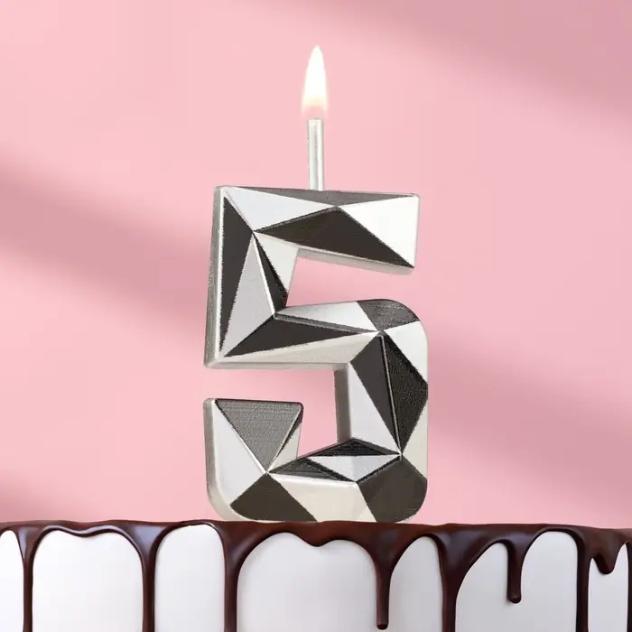 Свеча для торта &laquo;Алмаз&raquo;, цифра 5, серебристый металлик