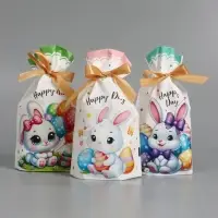 Пакет  полиэтиленовый подарочный "Заяц с цветами", с завязками, 15х23&plusmn;1 см