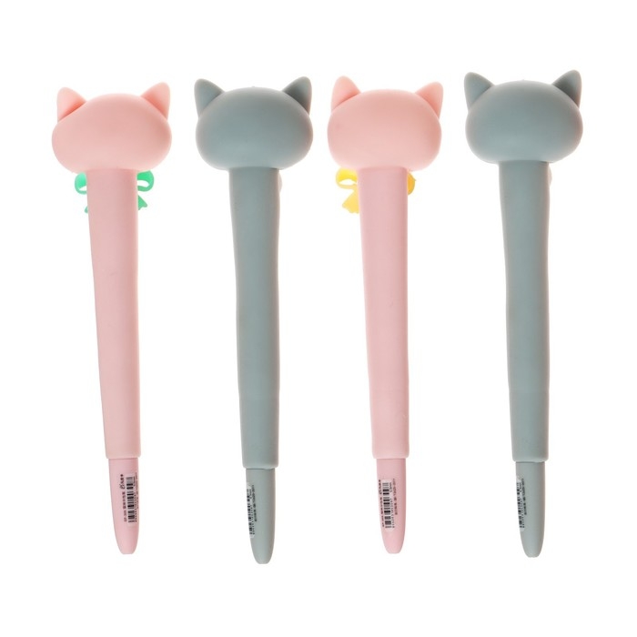 Ручка гелевая-прикол, стержень синий, мягкий корпус, Котик с бантиком МИКС