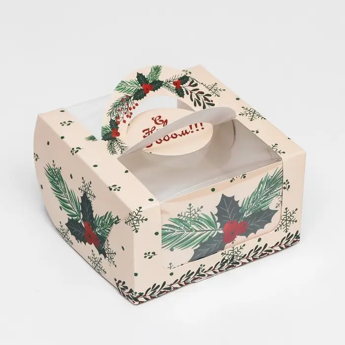 Коробка под бенто - торт с окном &laquo;Новогодняя с шишками&raquo;, 14&times;14&times;8 см, Новый год