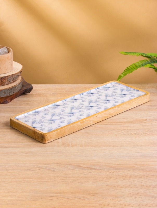 Блюдо прямоугольное "Синие птицы" дерево манго 41х15 см