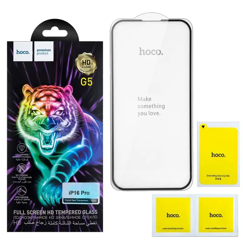 Защитное стекло iPh 16 Pro Full Screen G5 black HOCO тонкая рамка