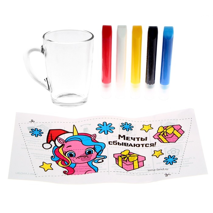 Кружка под раскраску витражными красками на новый год &laquo;Единорожка в шапочке&raquo;, новогодний набор для творчества