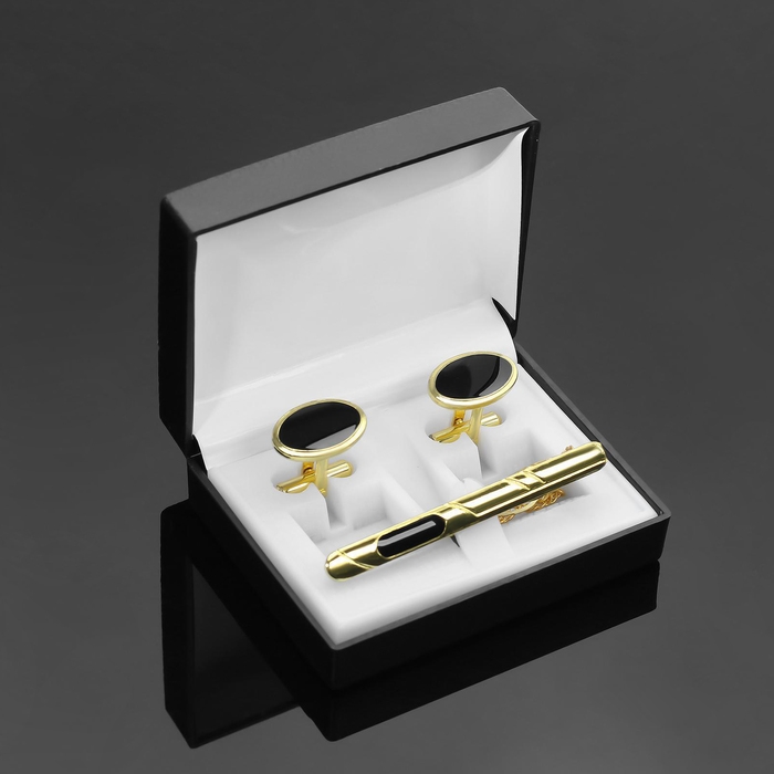 Набор мужской медный «Запонки + Зажим (6 см) для галстука» овал с эмалью, цвет чёрный в золоте Набор мужской медный «Запонки + Зажим (6 см) для галстука» овал с эмалью, цвет чёрный в золоте