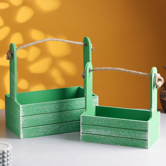 Набор кашпо деревянных 2 в 1 (25.5&times;15&times;30; 20&times;12&times;23) "Прованс", зелёный