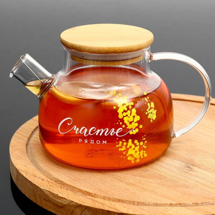 Чайник стеклянный заварочный с бамбуковой крышкой &laquo;Счастье рядом. Нежная мимоза&raquo;, 800 мл