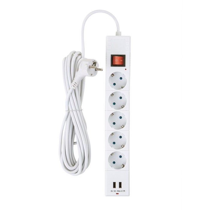 Сетевой фильтр duwi, 5 розеток, 5 м, 10 А, ПВС 3х0.75 мм2, с з/к, 2 USB, со шторками, белый