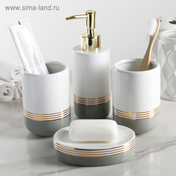 Набор аксессуаров для ванной комнаты &laquo;Лили&raquo;, 4 предмета (дозатор 300 мл, мыльница, 2 стакана), цвет бело-серый