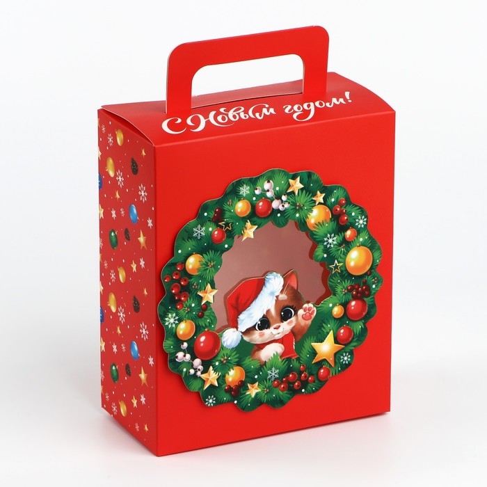 Подарочная коробка новогодняя новогодняя складная с 3D эффектом &laquo;Новогодний венок&raquo;, 18 x 15 x 7.5 см, Новый год