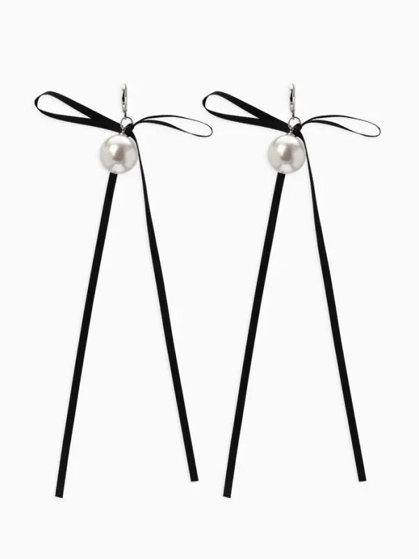 Серьги жемчуг "Бусина с бантиком", №16, цвет бело-чёрный в серебре