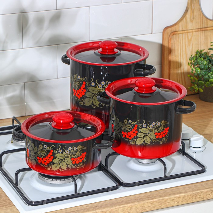 Набор кастрюль &laquo;Рябинка&raquo;, 3 предмета: 2 л, 3.5 л, 5.5 л, эмалированные крышки, индукция
