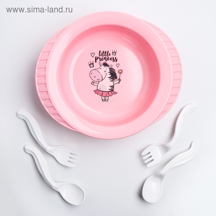 Детская посуда в наборе: тарелка на присоске, 500 мл, ложка, 2 шт., вилка, 2 шт., цвета МИКС