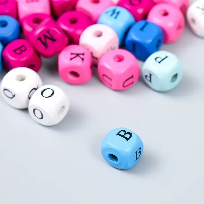 Бусины для творчества дерево "Алфавит на кубиках" пастель набор 40 шт 1х1х1 см