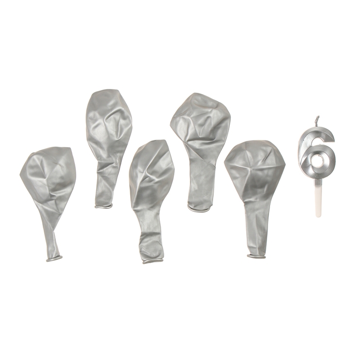 Свечи для торта + 5 шаров, цифра 6, серебро