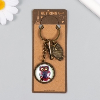 Брелок металл, стекло с карабином "Филин в медальоне" бронза 9,5 см