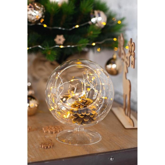 Гирлянда &laquo;Нить&raquo; 5 м роса, IP20, серебристая нить, 50 LED, батарейки CR2032х2 (в комплекте), свечение тёплое белое