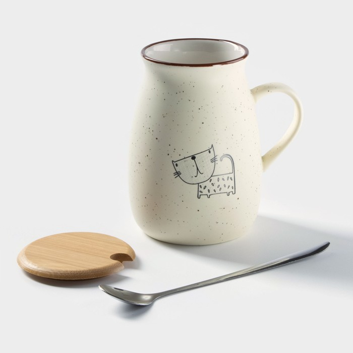 Кружка керамическая с деревянной крышкой и ложкой &laquo;Пэтти&raquo;, 350 мл, рисунок МИКС
