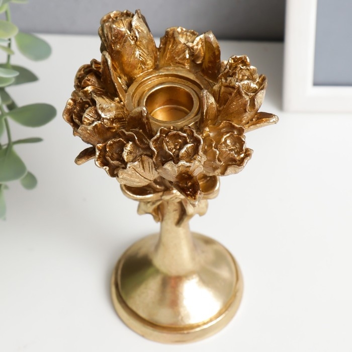 Подсвечник полистоун на 1 свечу "Букет тюльпанов" золото 16х9,5х9,5 см