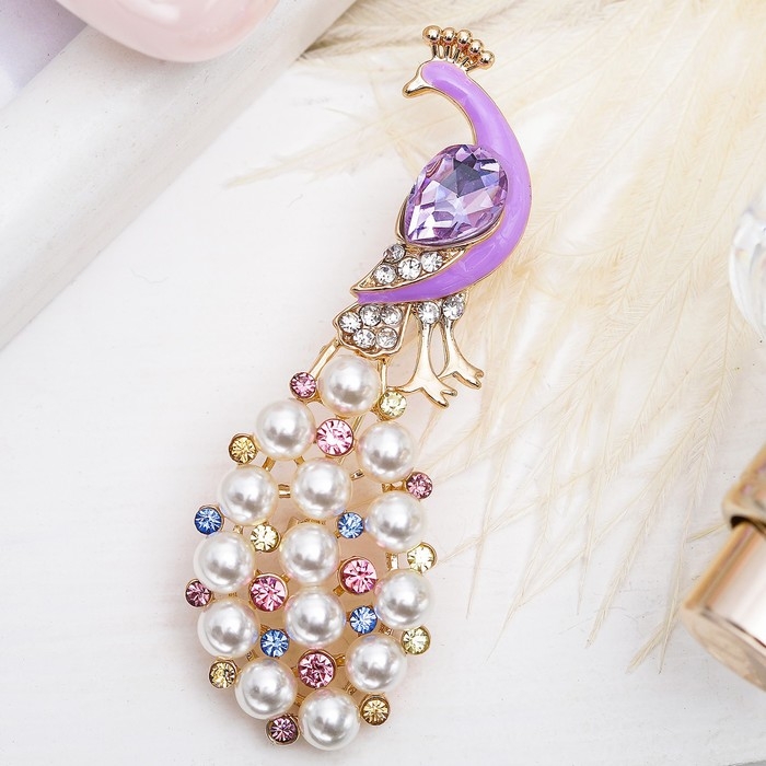 Брошь &laquo;Павлин&raquo; с жемчужным хвостом, цветная в золоте