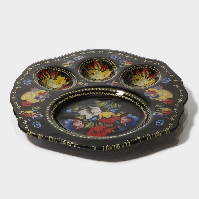 Подставка стеклянная для яиц Доляна &laquo;Жостовская роспись&raquo;, 3 ячейки, 21&times;18 см, цвет чёрный