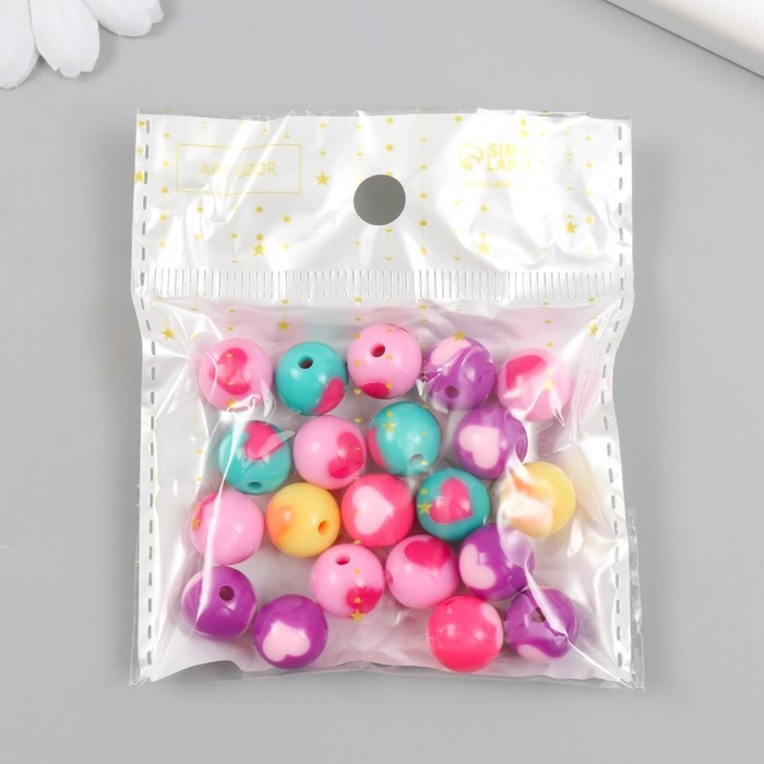 Бусины пластик "Шарик с сердечком" глянец МИКС d=1,2 см набор 20 гр