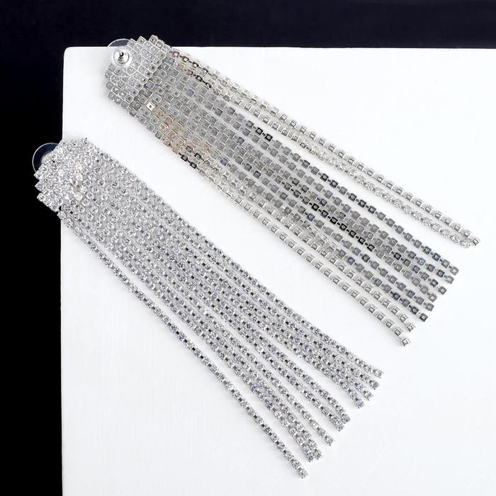 Серьги висячие со стразами «Водопады» полукруг, цвет белый в серебре, 11 см Серьги висячие со стразами «Водопады» полукруг, цвет белый в серебре, 11 см