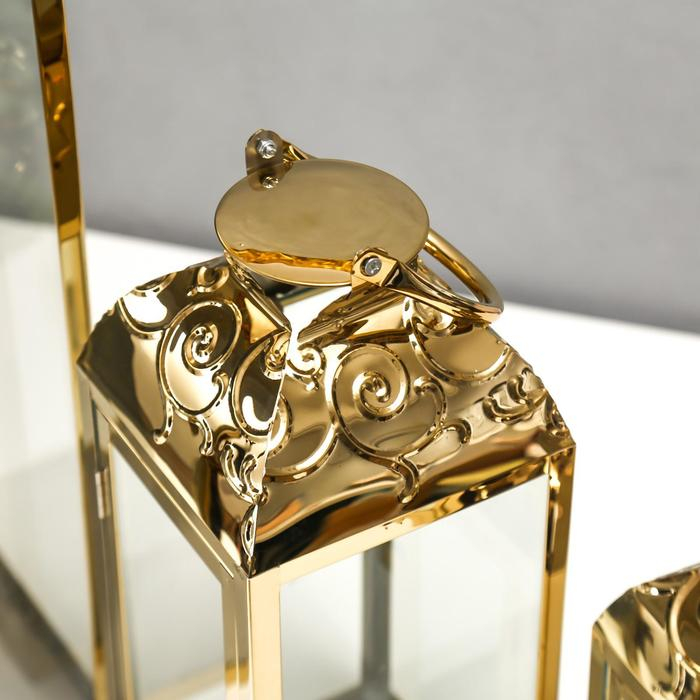 Подсвечник металл, стекло фонарь "Завитки" золото н-р 3 шт 55х18х18 37х14х14 24х10х10 см