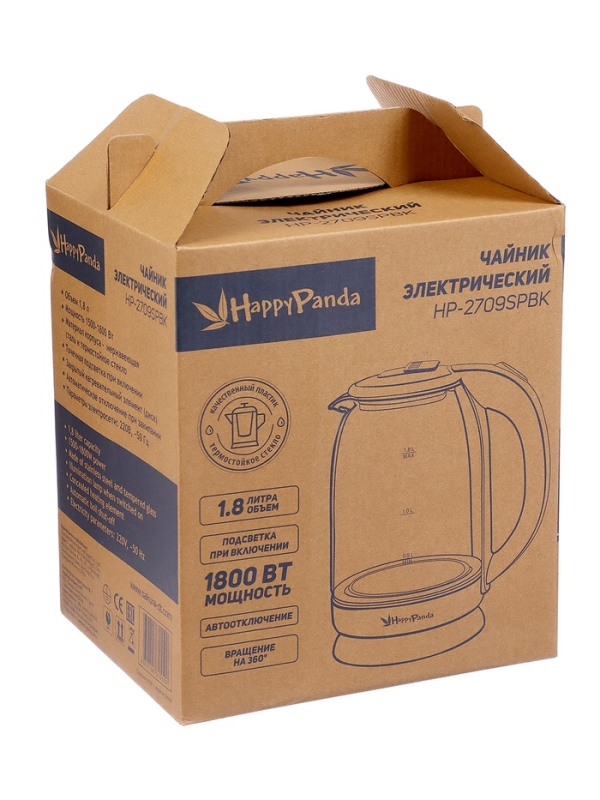 Чайник электрический Happy panda HP-2709SPBK, стекло, 1.8 л, 1800 Вт, чёрный