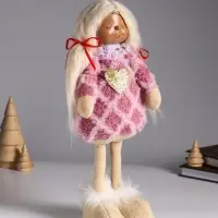 Кукла интерьерная "Малышка с хвостиками в розовом платье с сердцем" 14х8,5х32 см