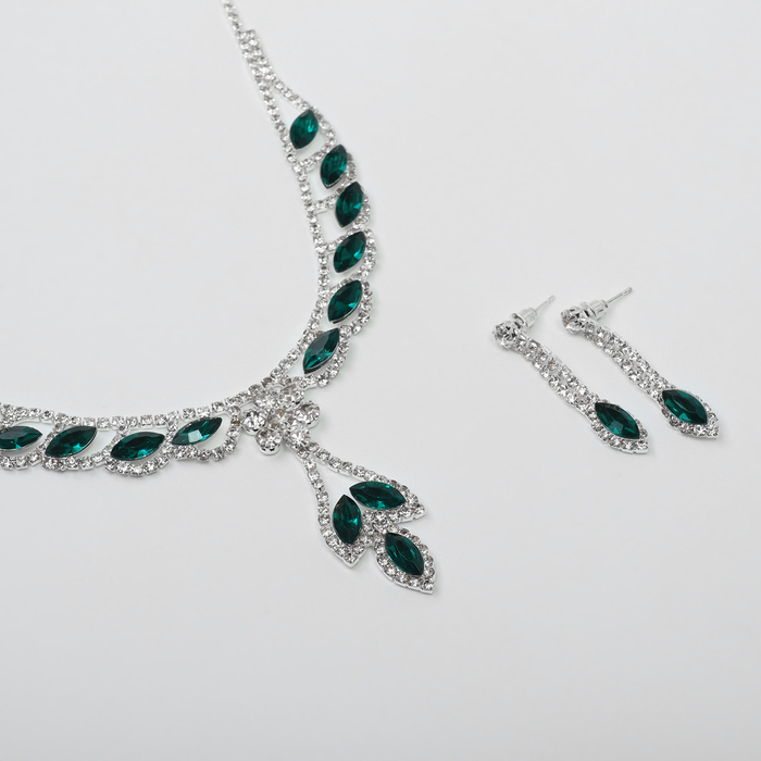 Набор 2 предмета: серьги, колье &laquo;Листопад&raquo; ромб, цвет изумрудно-белый в серебре, 45 см