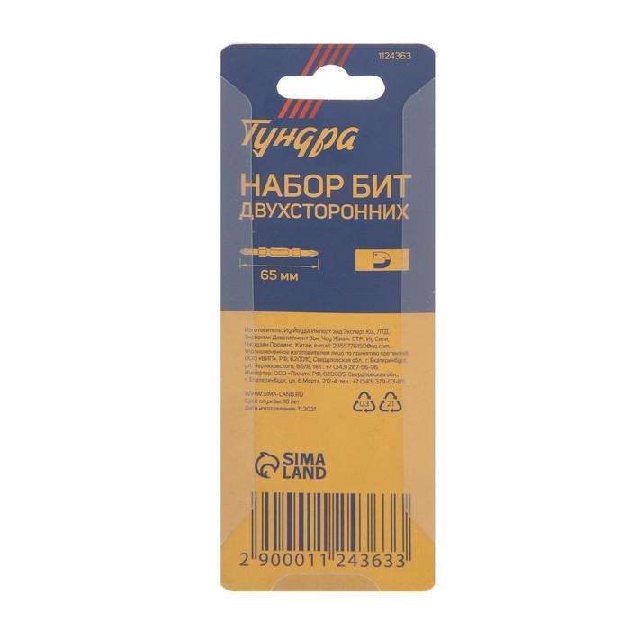 Биты двухсторонние ТУНДРА, намагниченные, сталь CrV, PH2 х 65 мм, 2 шт.