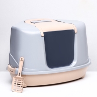 Туалет-домик угловой для кошек закрытый с дверцей 57*46*37 см, бежево-серый