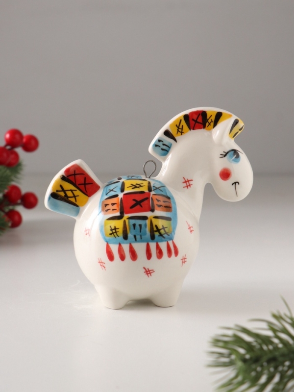 Ёлочный фарфоровый шар "Лошадь Пэчворк" /авторская роспись/, 11 см