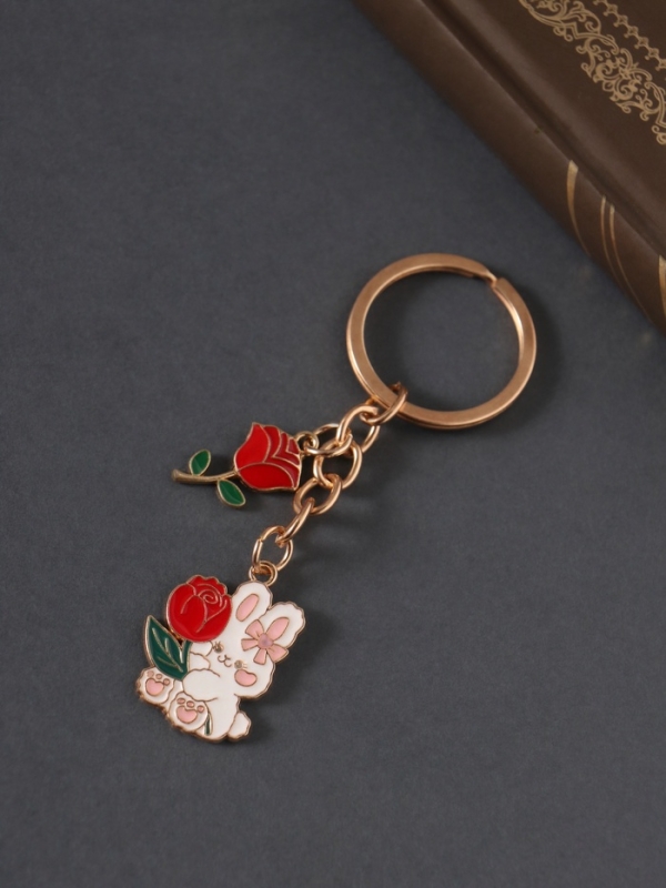 Брелок металл, эмаль "Зайка и цветы" 9 см